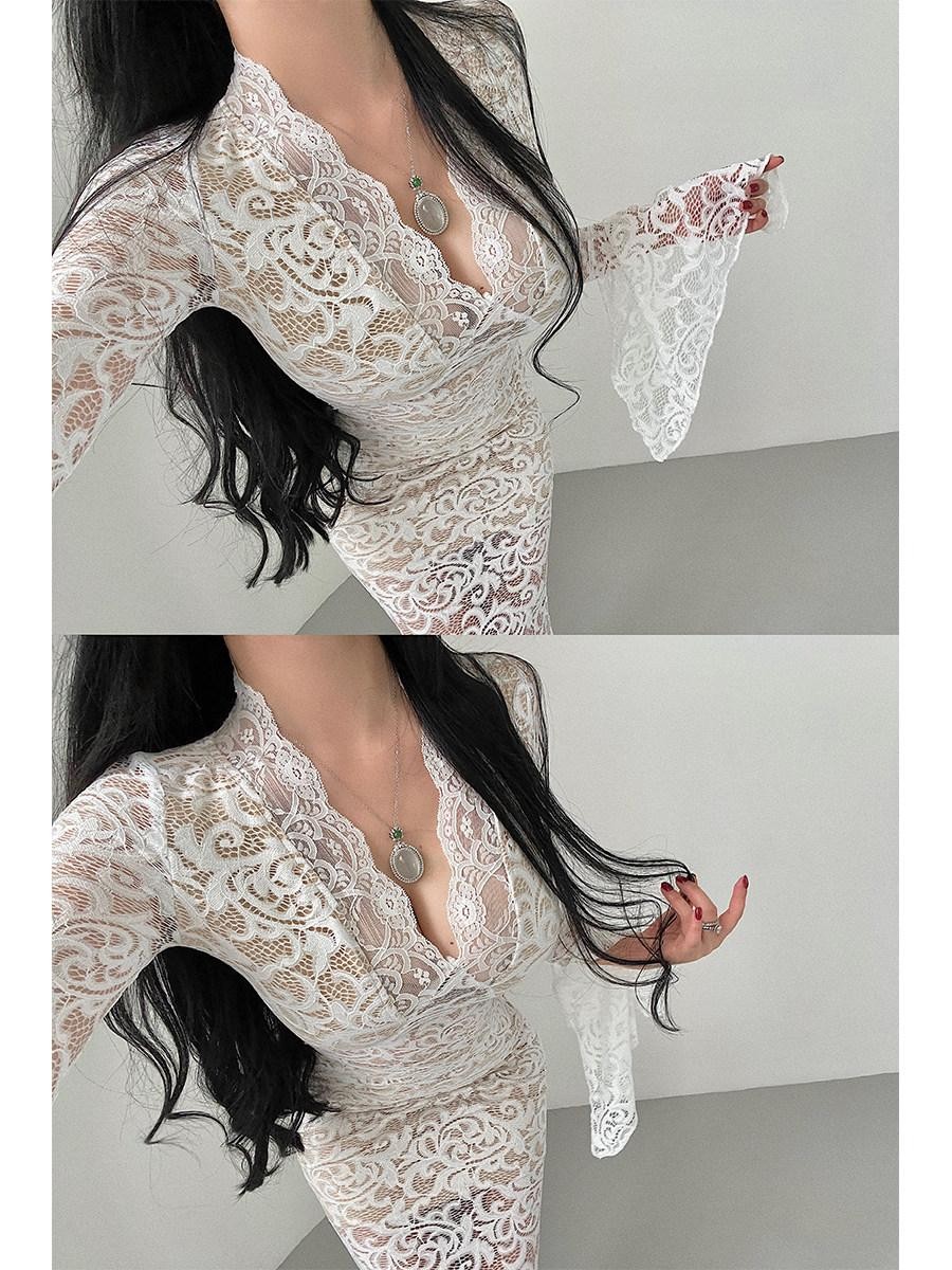 드레스 레이스 시스루 V넥 웨딩 사진촬영 3컬러 이브닝 연말룩 파티 원피스 - 상세 이미지 5