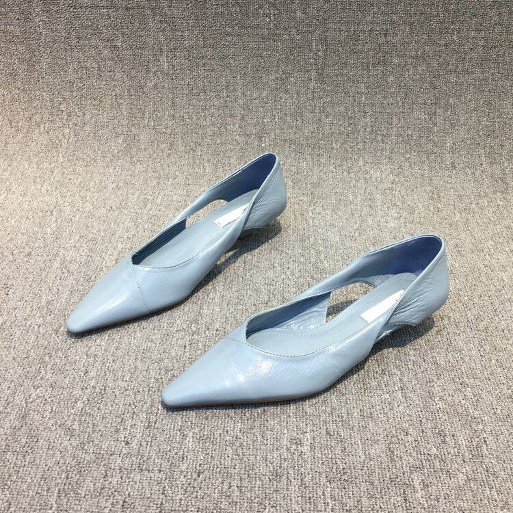 화이트 로우힐 여성화 플랫 뾰족코 슬링백 캣힐 부드러운 인조가죽 데일리슈즈 오피스룩 - 상세 이미지 3