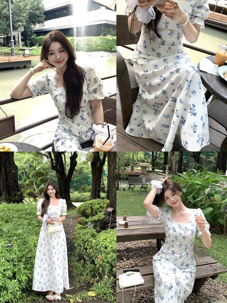 화이트 원피스 미니 플라워패턴 드레스 여름 스퀘어넥 퍼프소매 플로럴 샤틴 - 상세 이미지 2