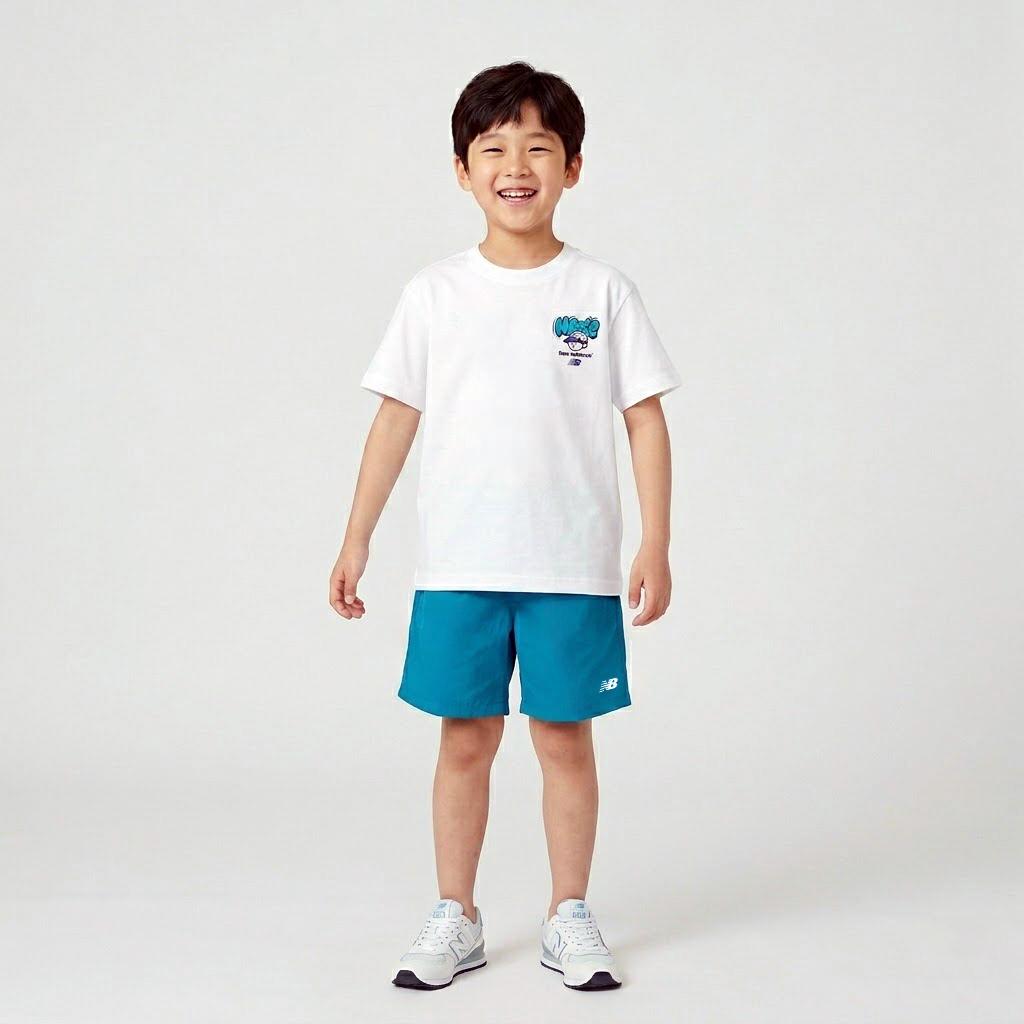[국내매장판] 뉴발란스 키즈 여름 데일리 캐주얼 시원한 반팔 상하복 세트 화이트블루, 130 - 상품 이미지