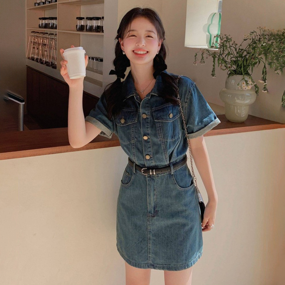 봄 여름 키작녀원피스 반팔 데님셔츠원피스 - 상세 이미지 3