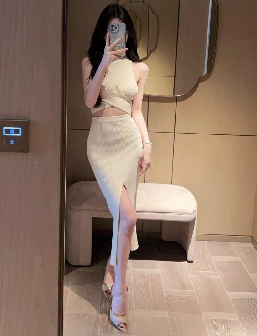 원피스 니트 여성 뷔스티에 프렌치 봄 가을 섹시 슬림 스커트 투피스세트 - 상품 이미지