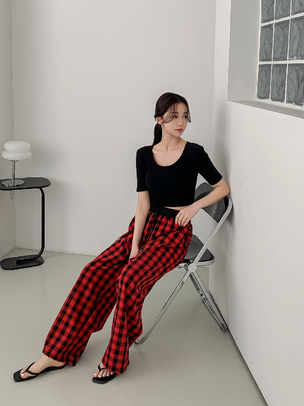 체크잠옷바지 배색 홈웨어 파자마 실내복 라운지웨어 밴딩 팬츠 - 상세 이미지 4
