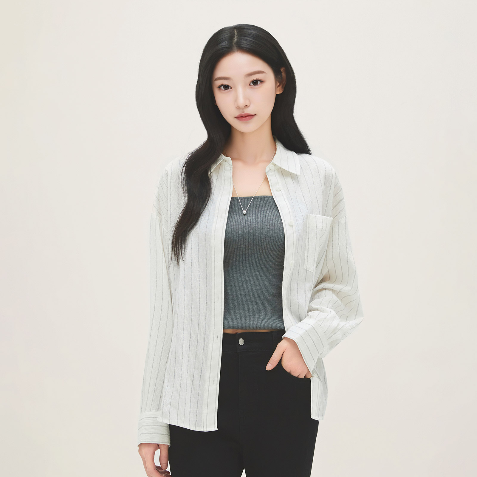 로엠 긴팔 루즈핏 스트라이프 셔츠 RMYWG25R14 - 상품 이미지
