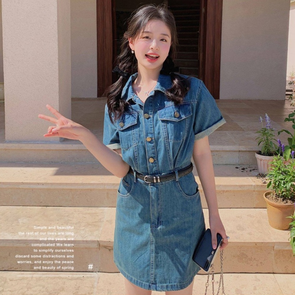 봄 여름 키작녀원피스 반팔 데님셔츠원피스 - 상품 이미지