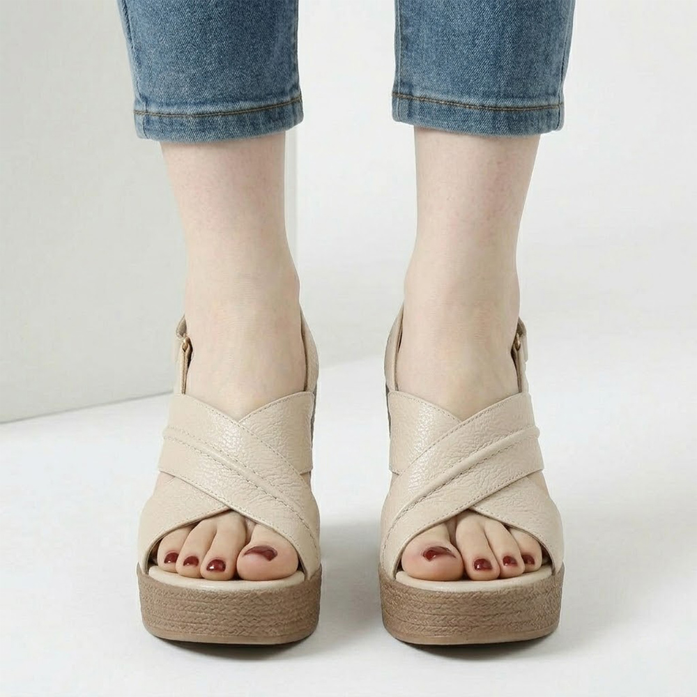 좋으니 폭신 발편한 키높이 가죽 찍찍이 가보시 통굽 샌들 힐 8.5cm - 상세 이미지 3