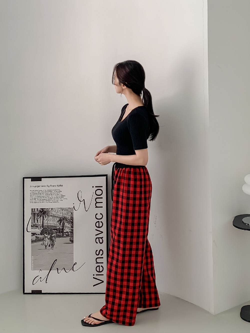 체크잠옷바지 배색 홈웨어 파자마 실내복 라운지웨어 밴딩 팬츠 - 상세 이미지 5
