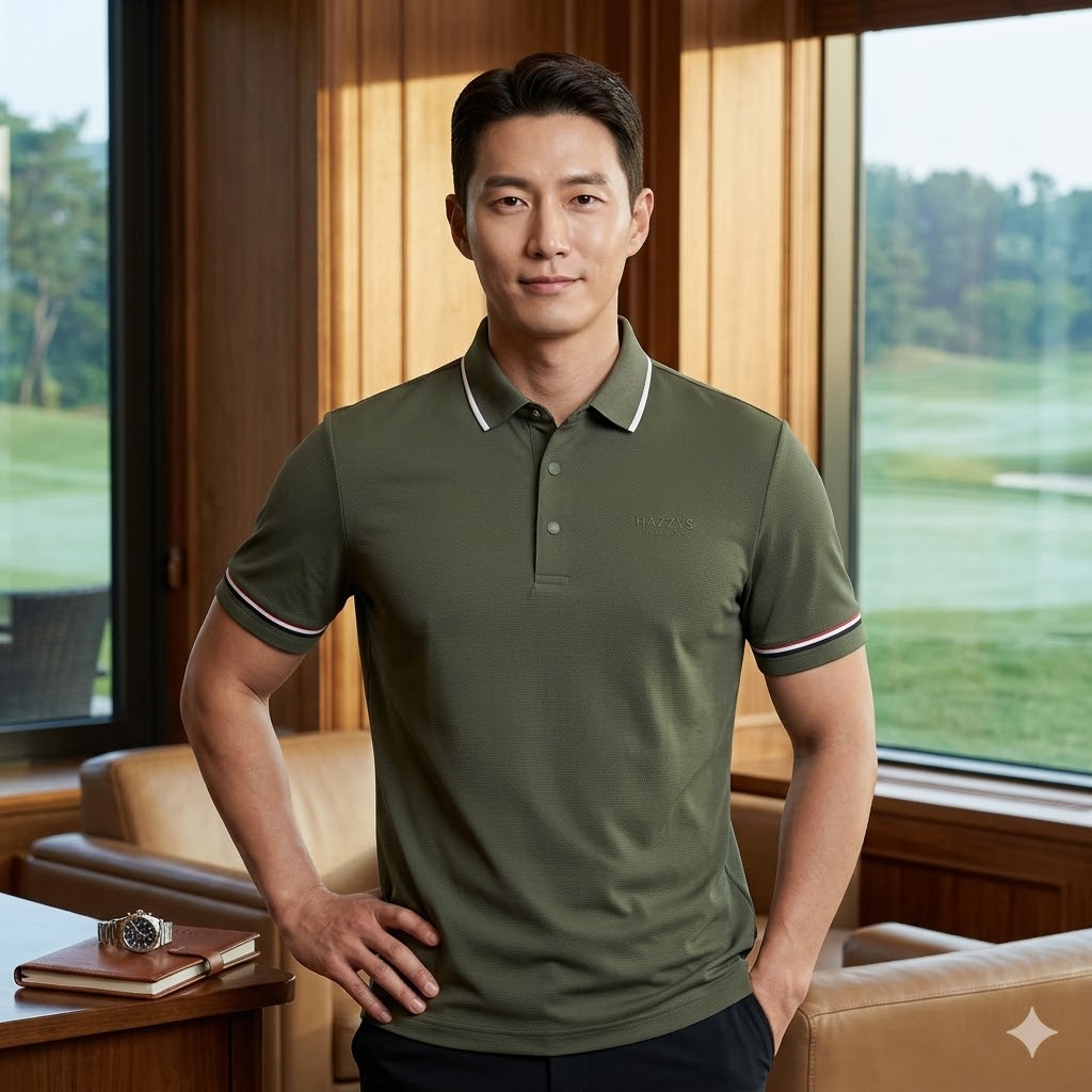 헤지스골프 여름 남자 골프웨어 데일리 캐쥬얼룩 스판 카라 골프 반팔티셔츠 - 상품 이미지