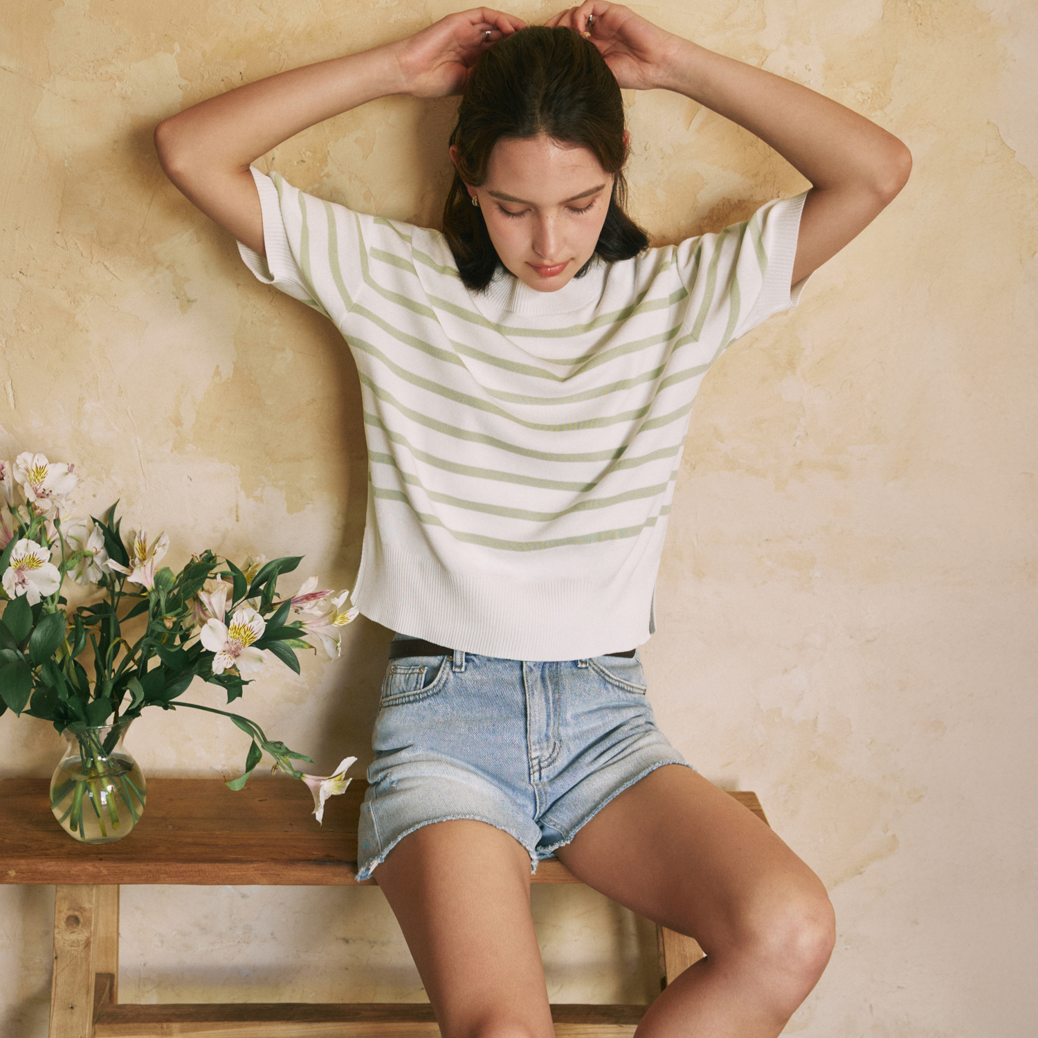 [N배송][제로스트릿][3컬러] 반팔 스트라이프 라운드넥 니트 SHORT SLEEVE STRIPE ROUND NECK KNIT 이미지 4
