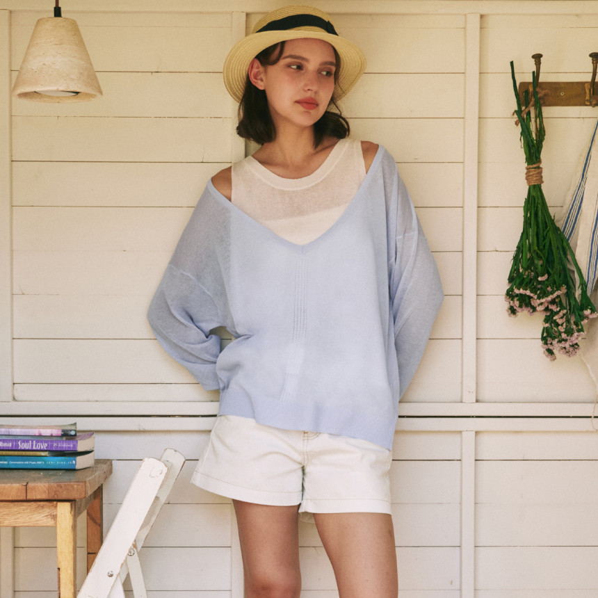 [제로스트릿][2컬러] 레이어드 브이넥 린넨 니트 LINEN LAYERED V-NECK KNIT