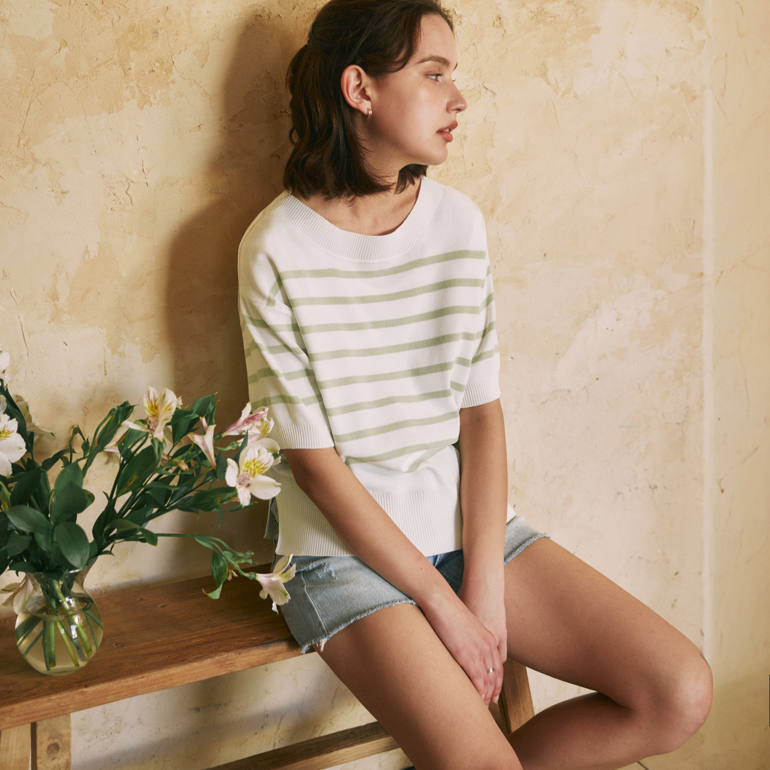 [N배송][제로스트릿][3컬러] 반팔 스트라이프 라운드넥 니트 SHORT SLEEVE STRIPE ROUND NECK KNIT 이미지 2