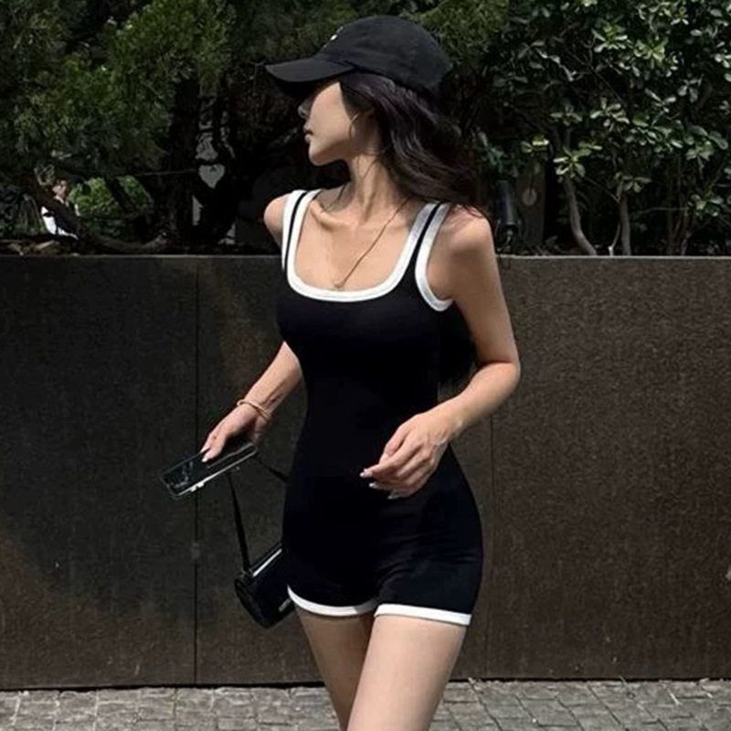 여자 실내 수영복 원피스 사각 반바지 체형보정 운동용 비치웨어 심플 블랙 - 상세 이미지 5