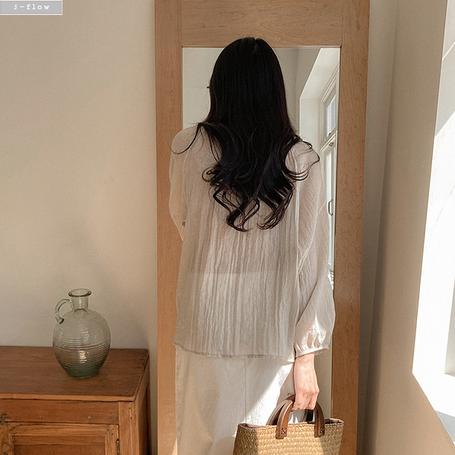 더비르 라운드셔링 루즈핏 버튼 블라우스 4col 봄 여름 벌룬 린넨 시스루 주름 제이플로우 - 상세 이미지 4