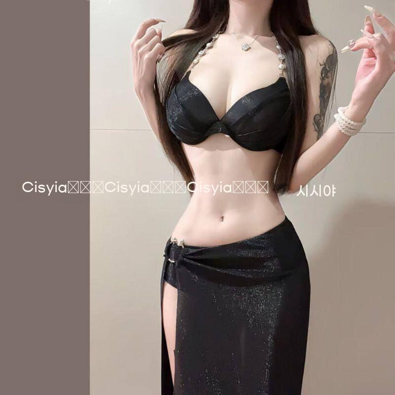 여성 비키니 수영복 세트 롱스커트 쓰리피스 와이어 볼륨업 비치웨어 블랙 - 상세 이미지 3