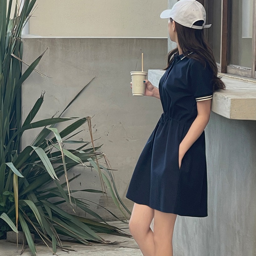 코튼 혼방 피케 롱 원피스 반팔 허리스트링 이미지 7