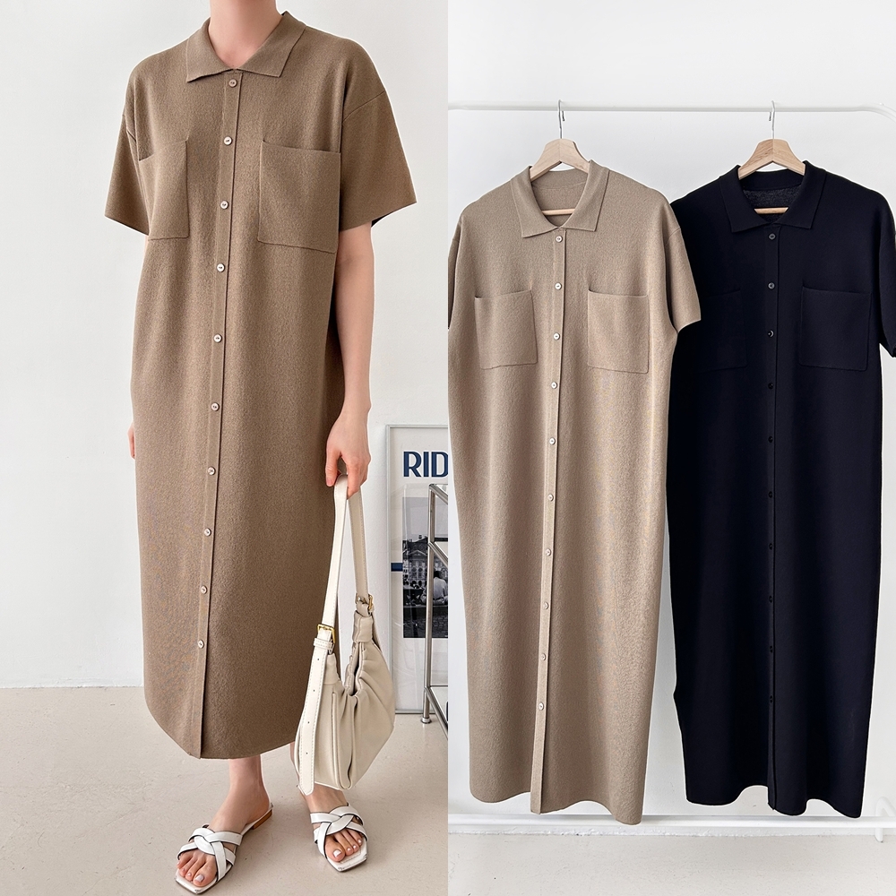 여름 니트원피스 키작녀 카라 데일리룩 셔츠형 반팔 롱 원피스 - 상품 이미지