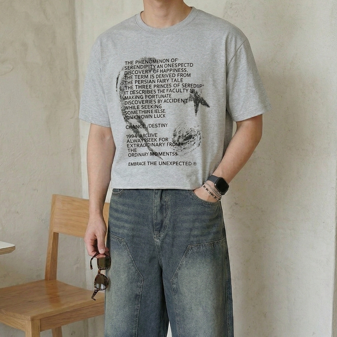 남자 아트 워크 미니멀 스트릿 프린팅 크롭 반팔 티셔츠 - 상세 이미지 3