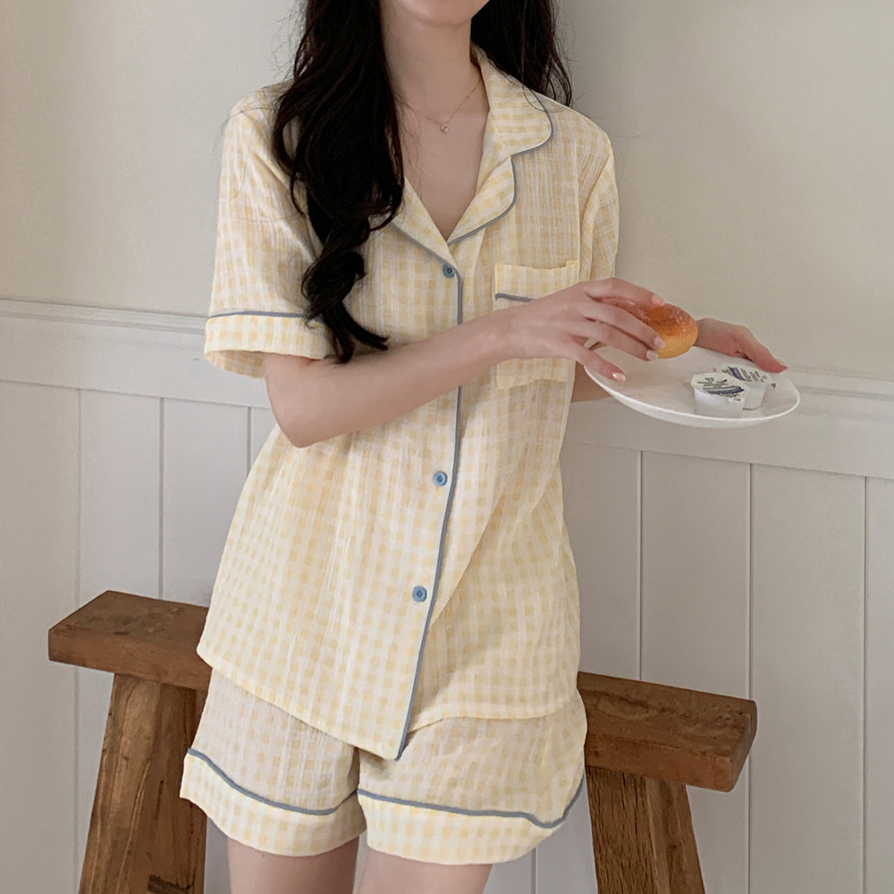 요루면잠옷 순면잠옷 커플파자마 반팔 여름 레몬 블루 여성 홈웨어 빅사이즈 세트 이미지 3