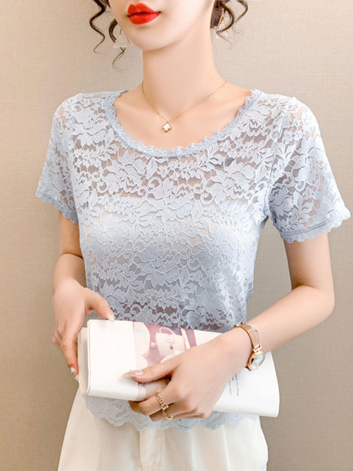 레이스 레이어드 라운드넥 슬림 메쉬 망사 시스루 화이트 숏 M 80-90 - 상세 이미지 2