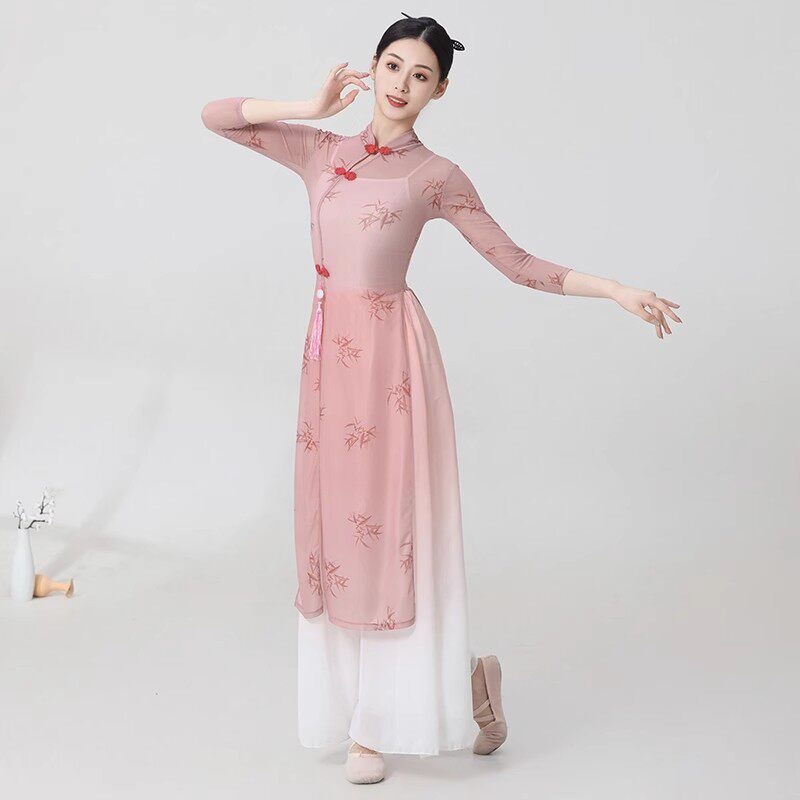 아오자이 전통 의상 베트남 치파오 퓨전 꽃무늬 롱 튜닉 상의 차이나넥 매듭 단추 칠부소매 - 상세 이미지 3