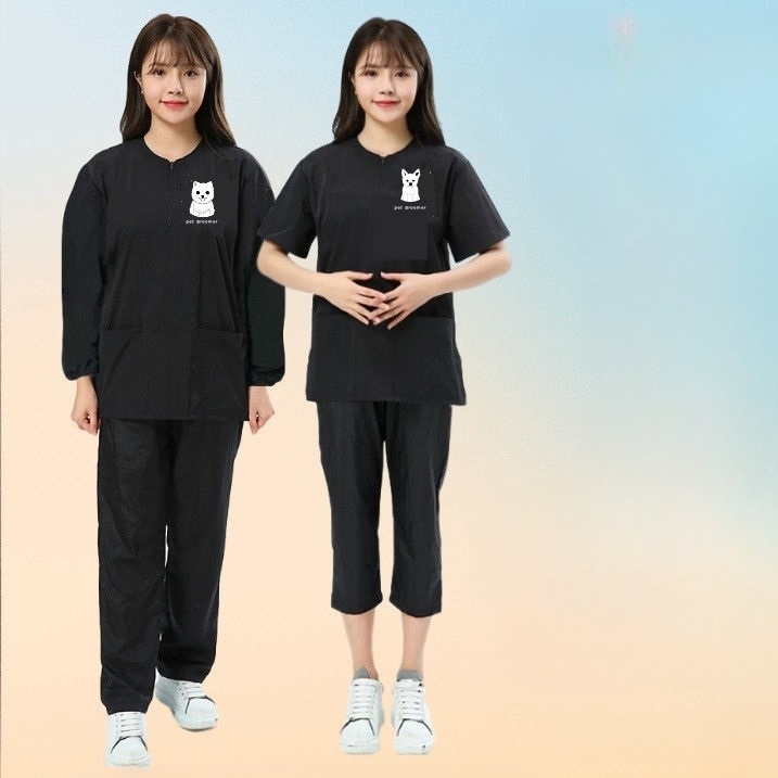 애견 미용복 애견미용사 방수 방털 기능성 브이넥 반팔 상하의 세트 애견샵 미용실 여성용 - 상세 이미지 3