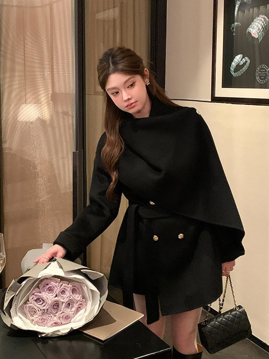 여성 코트 프렌치 화이트 블랙 고급 스타일 망토 울코트 자켓 - 상세 이미지 2