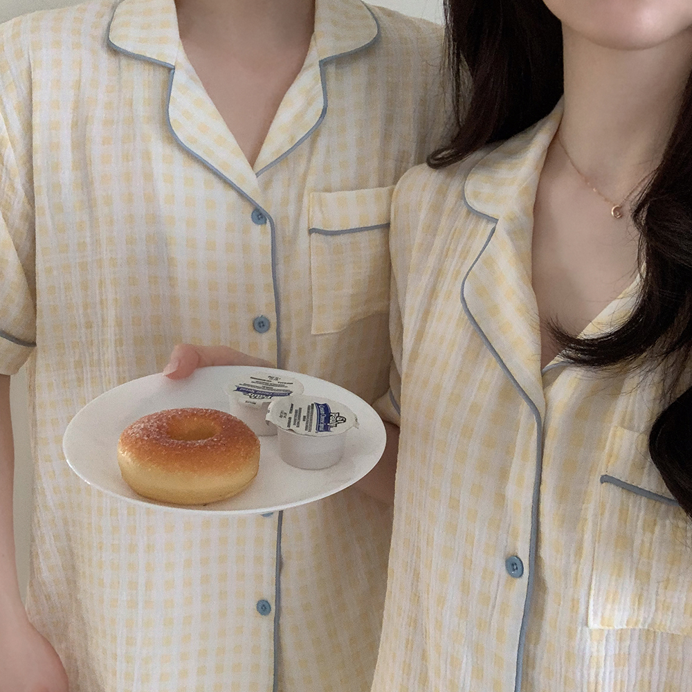 요루면잠옷 순면잠옷 커플파자마 반팔 여름 레몬 블루 여성 홈웨어 빅사이즈 세트 이미지 4