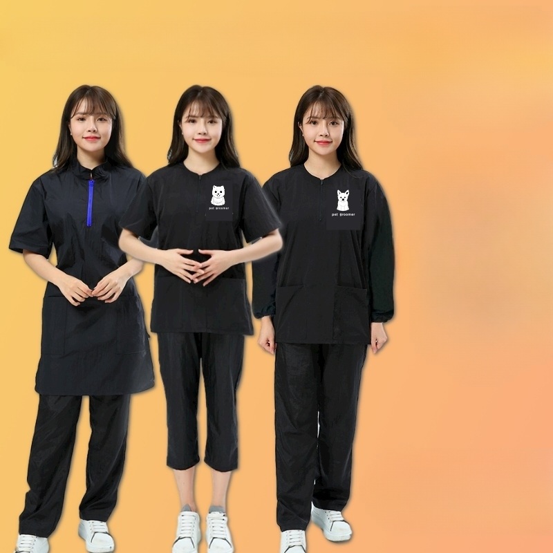 애견 미용복 애견미용사 방수 방털 기능성 브이넥 반팔 상하의 세트 애견샵 미용실 여성용 - 상세 이미지 2