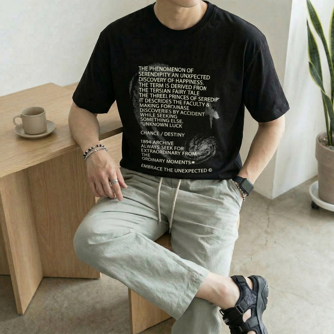 남자 아트 워크 미니멀 스트릿 프린팅 크롭 반팔 티셔츠 - 상품 이미지