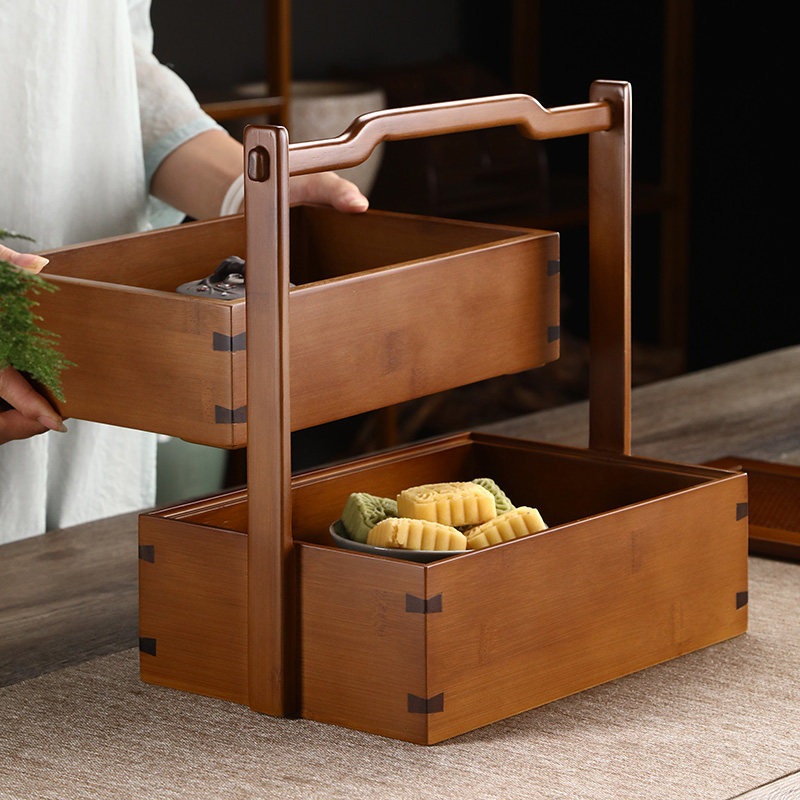 나무 도시락 우드 친환경 원목 모던 사각 디자인 2단 분리형 찬합 김밥 샐러드 과일 - 상세 이미지 3