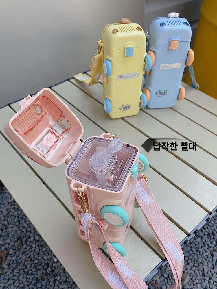 물병 버스 물통 여름 자동차 휴대용 빨대컵 트라이탄 디스펜서 어깨끈 빨대 고양이버스 컵 - 상세 이미지 3
