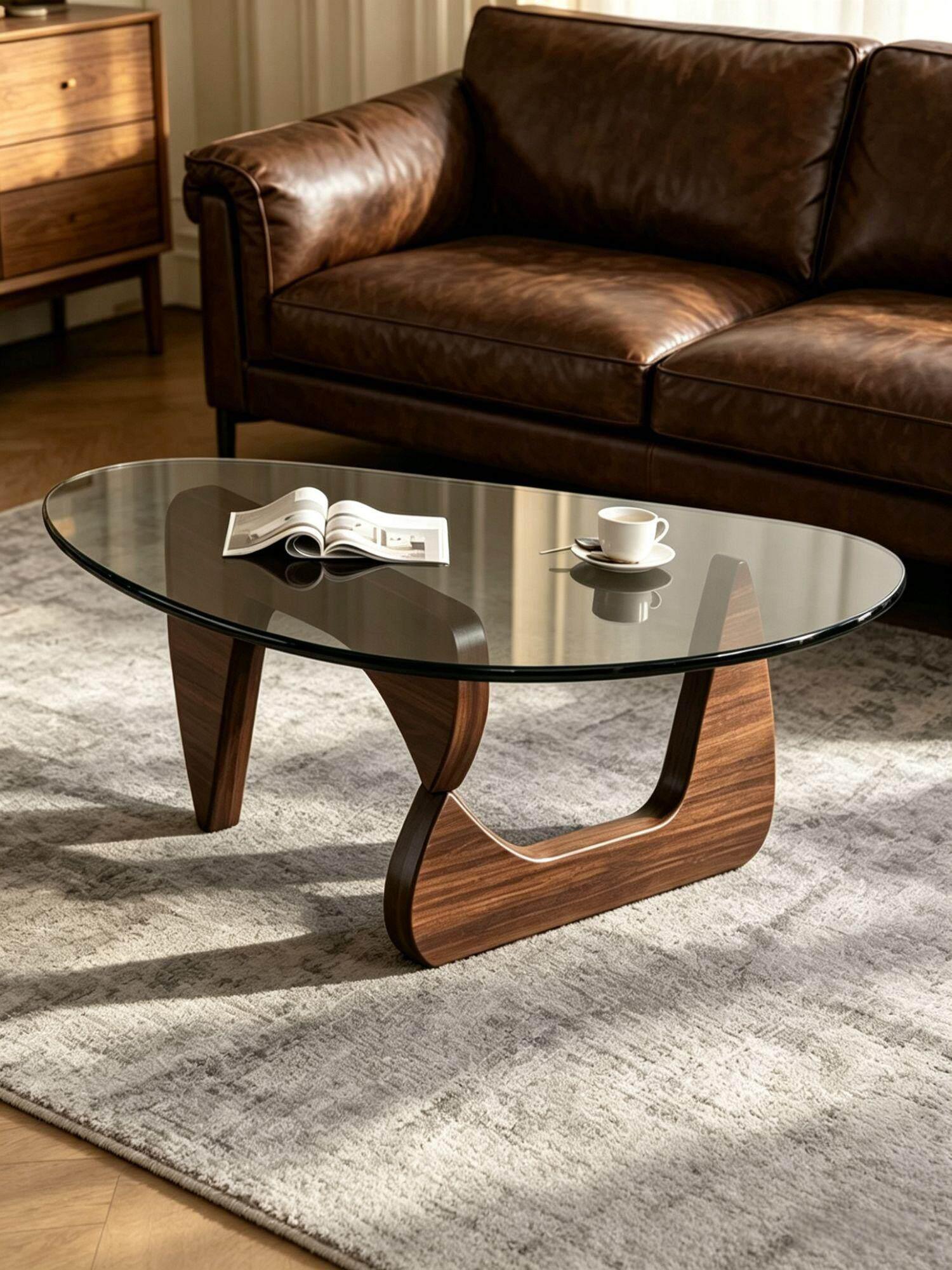 고급형 삼각 원목 우드 강화유리 커피테이블 거실테이블 그레이 + 월넛 83x57x40 - 상품 이미지