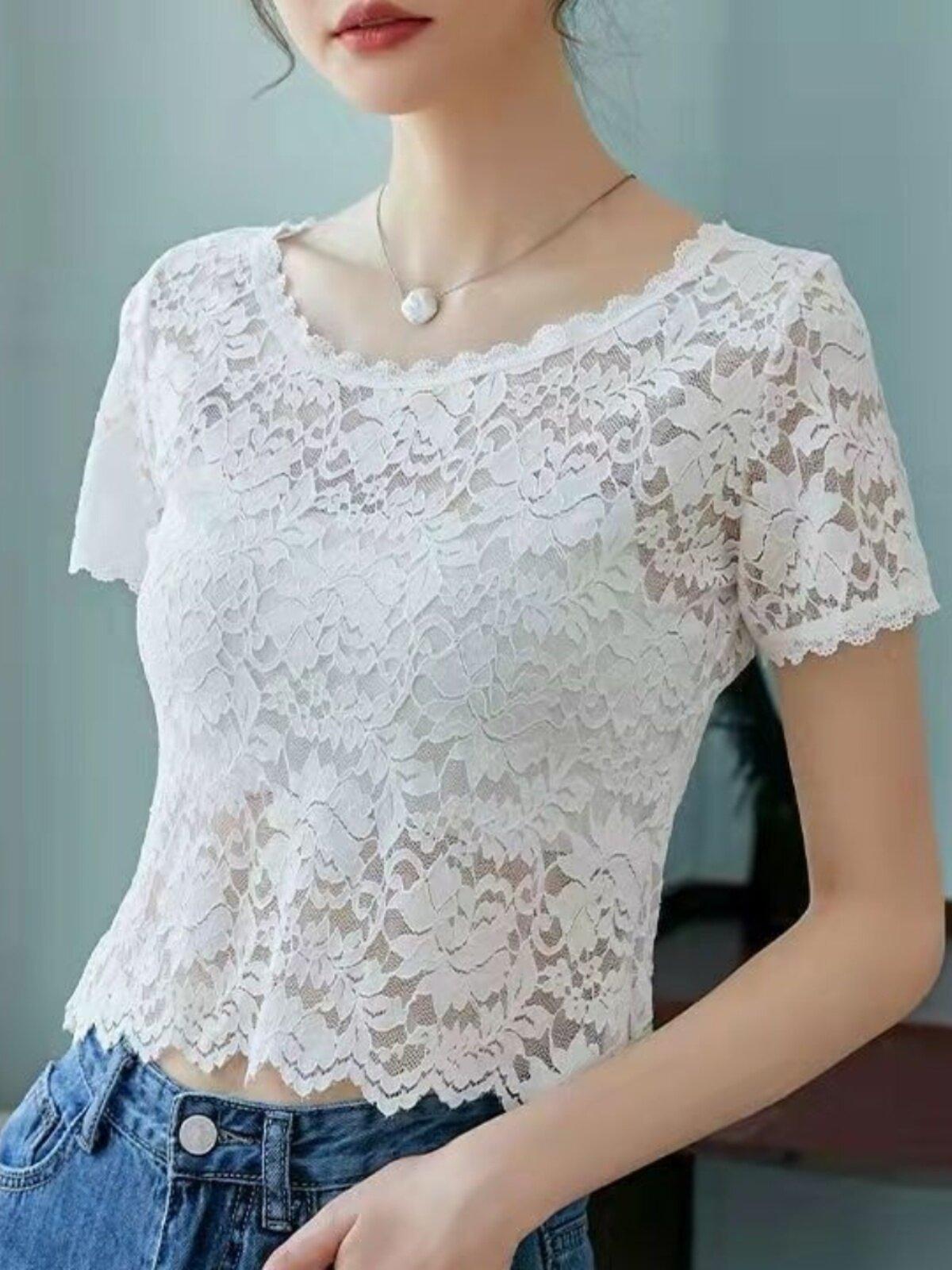 레이스 레이어드 라운드넥 슬림 메쉬 망사 시스루 화이트 숏 M 80-90 - 상품 이미지