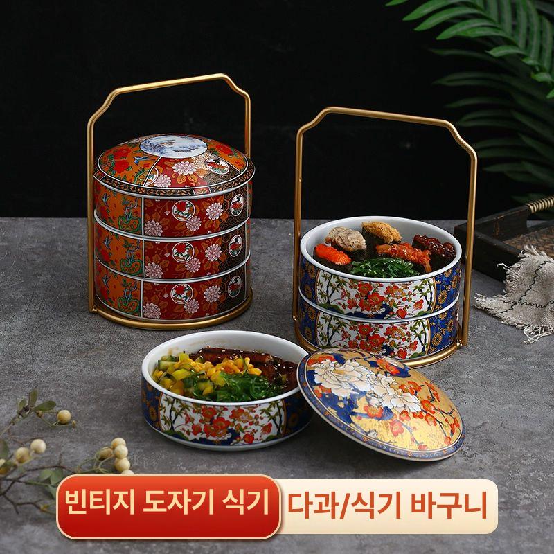초밥 도시락통 일본식 찬합 도자기 식당 그릇 초밥통 원형 벤또 나무 반찬용 런치박스 - 상세 이미지 2