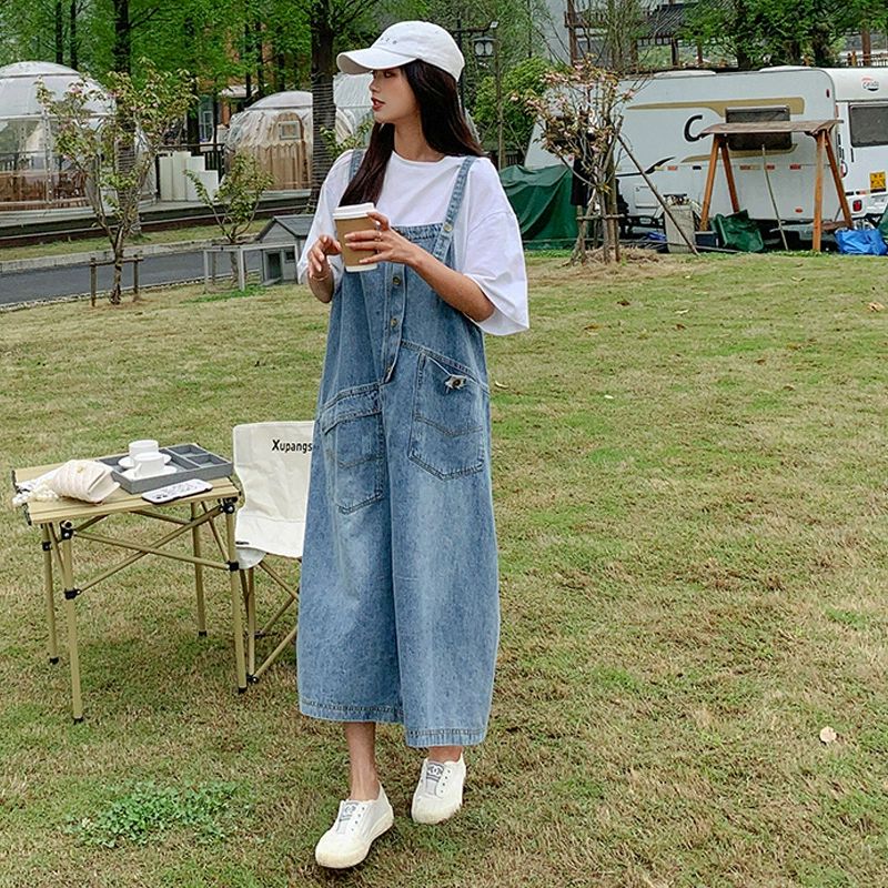 여성 데님멜빵스커트 청치마 롱 데일리 빅사이즈 멜빵청치마 뷔스티에 청멜빵치마 라인 빈티지 - 상세 이미지 4