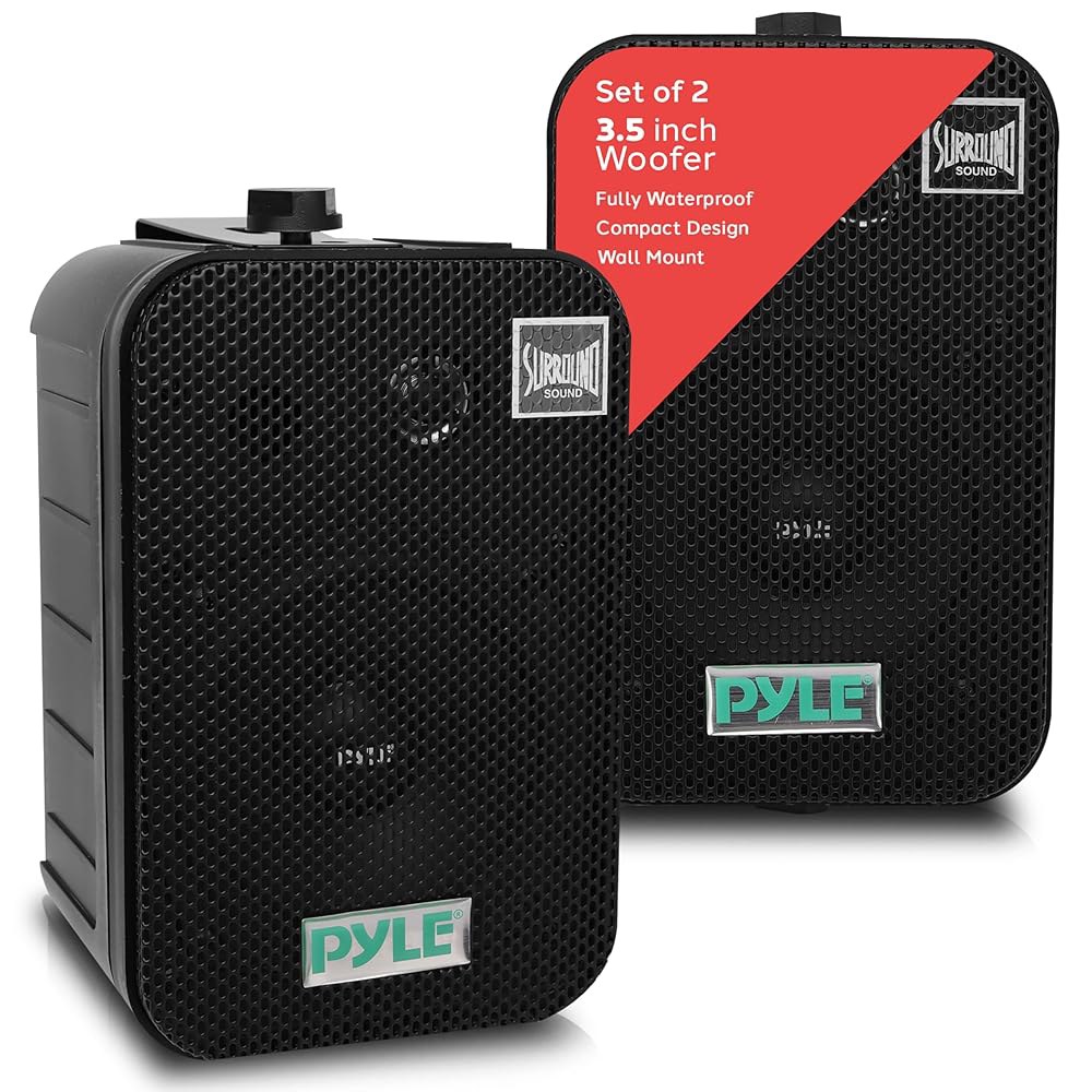 Pyle - 야외 스피커 시스템 유선(페어), 해병 2급 300W 피크 파워, 3.5인치 우퍼 및 1인치 트위터, 벽 또는 천장용 유니버설 마운트, 수영장, 파티오, 보트, 데크 - 상품 이미지