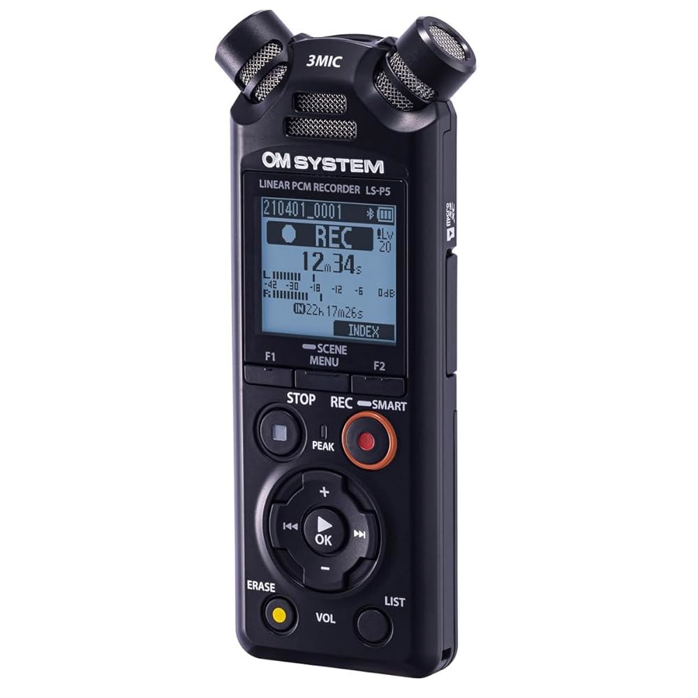 OM 시스템 올림푸스 LS-P5 PCM 레코더, 트레믹 3 마이크, 블루투스, 복합 USB 마이크 모드, 고해상도 사운드, 로우 컷 필터, 16GB 내장 메모리. - 상품 이미지