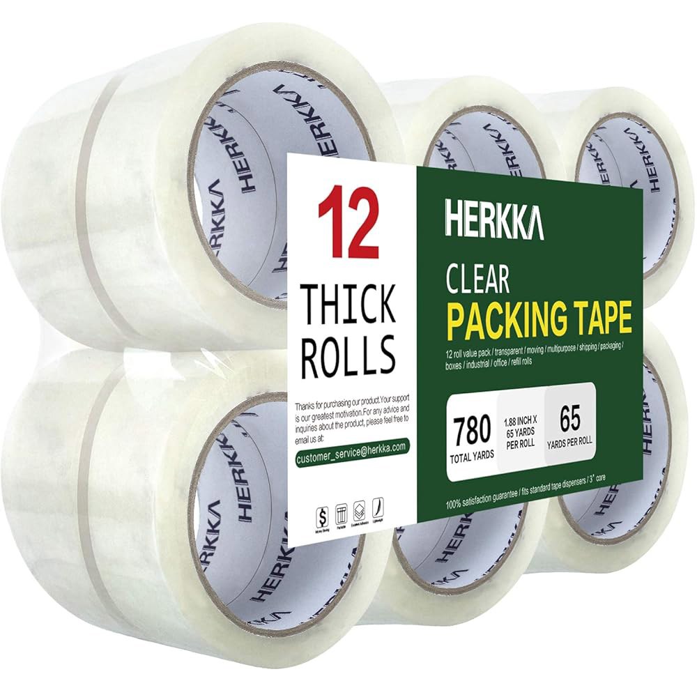 HERKKA 클리어 포장 테이프, 배송 무빙 씰링용 12롤 헤비 듀티 두꺼운 너비 1.88인치, 롤당 65야드, 총 780야드 12 PACK 1.88 INCH WIDE - 상품 이미지