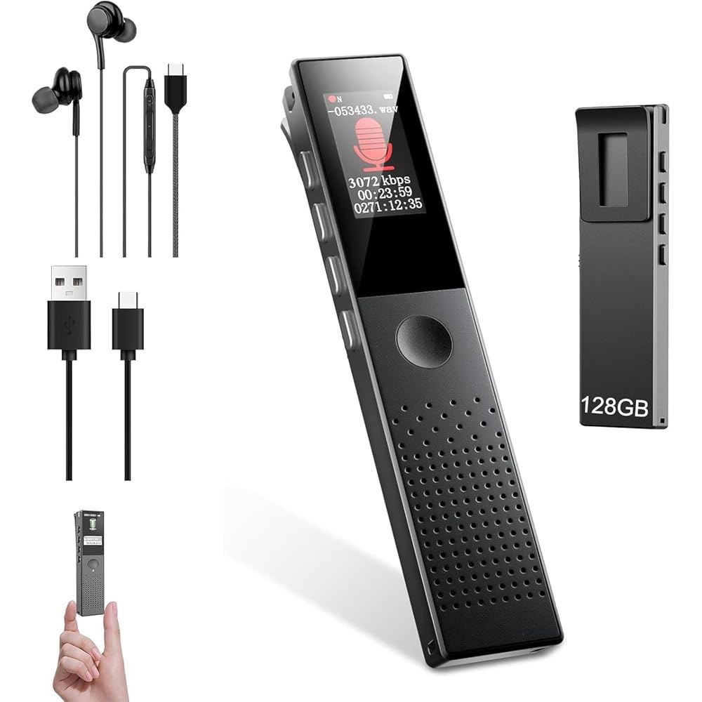 128GB 디지털 음성 녹음기(재생, AI 소음 감소, 활성화 녹음, 비밀번호 보호, MP3 플레이어, 원터치 작동, USB-C, 강의, 회의, 인터뷰, 수업 포함) Black - 상품 이미지