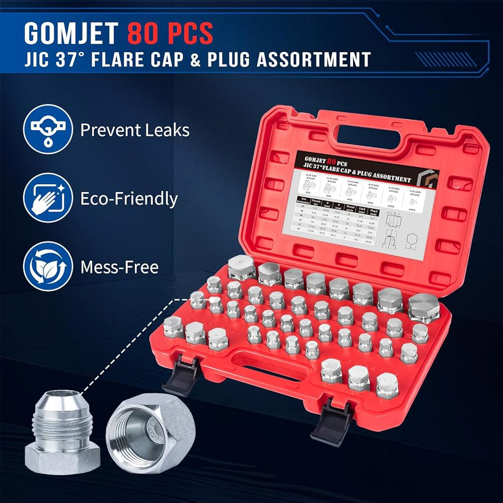 GOMJET 80 PC JIC 마스터 산업용 유압 캡 및 플러그 호스 튜브 파이프 피팅 키트 정밀 나사산(ORFS 37 대시 크기 4 6 8 10 12 16) JIC - 상세 이미지 2