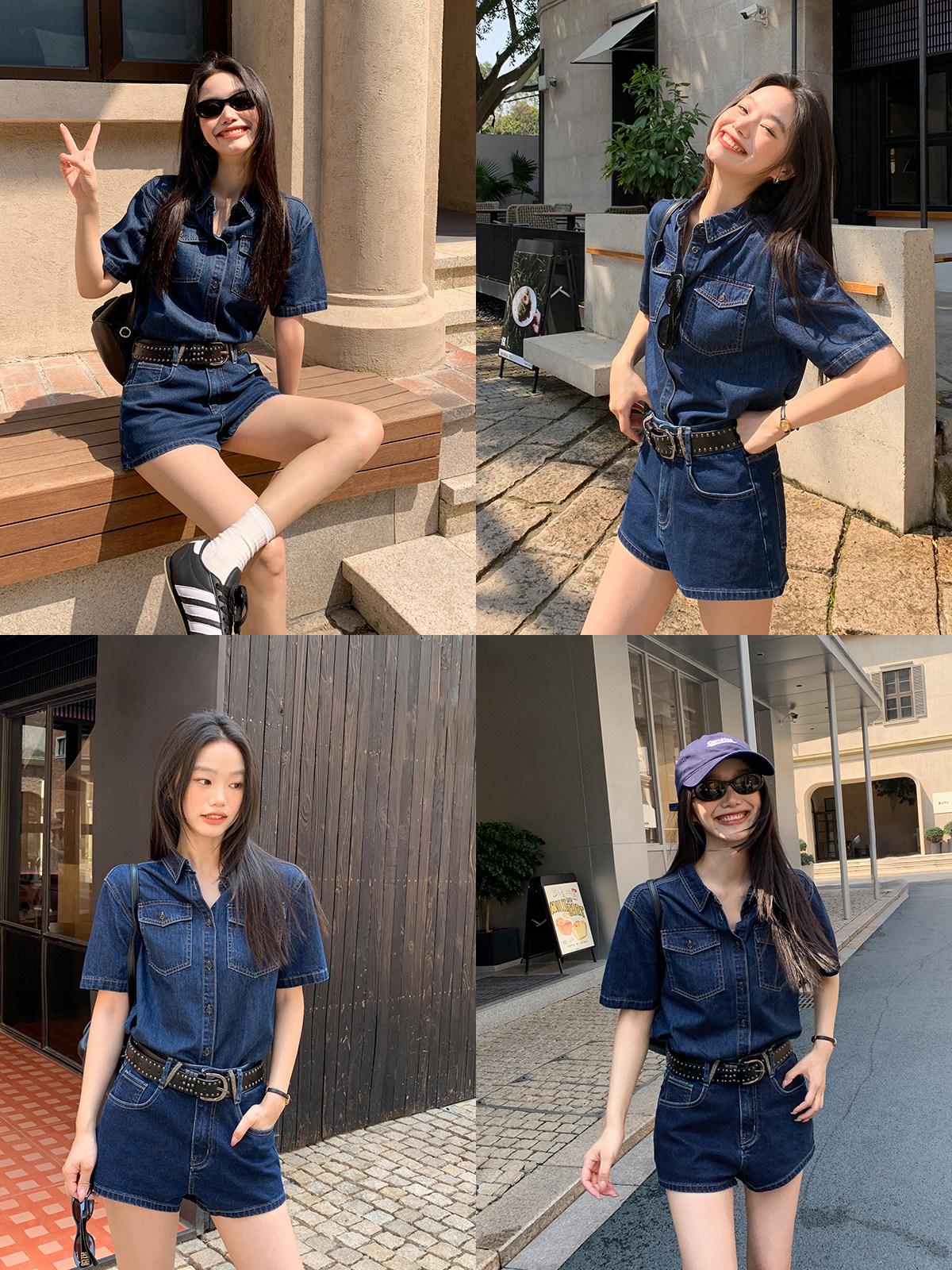 투피스세트 진청 스티치 데님 반팔 셔츠 투버튼 청 반바지 코디 세트 - 상세 이미지 4