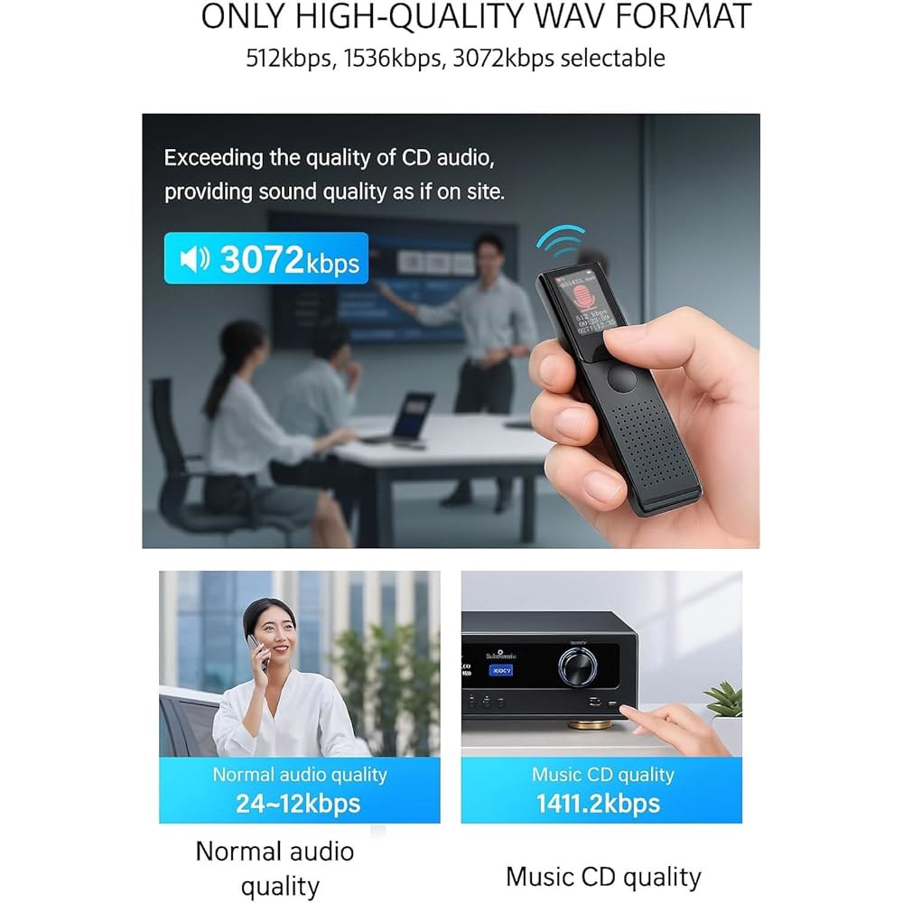128GB 디지털 음성 녹음기(재생, AI 소음 감소, 활성화 녹음, 비밀번호 보호, MP3 플레이어, 원터치 작동, USB-C, 강의, 회의, 인터뷰, 수업 포함) Black - 상세 이미지 3