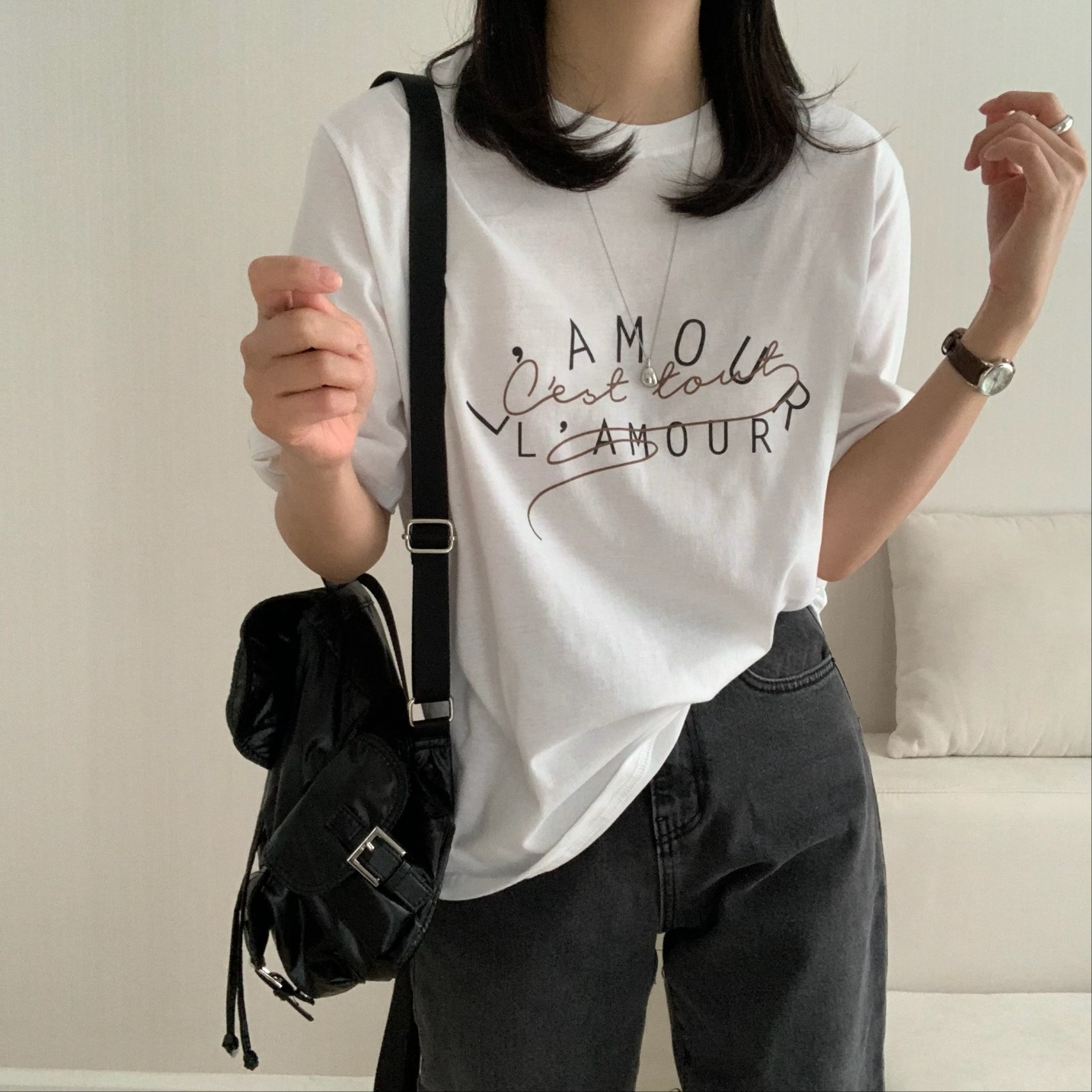 여성 라무르 프린팅 반팔티 세미 오버핏 기본 베이직 캐주얼 데일리룩 면 티셔츠 이미지 8