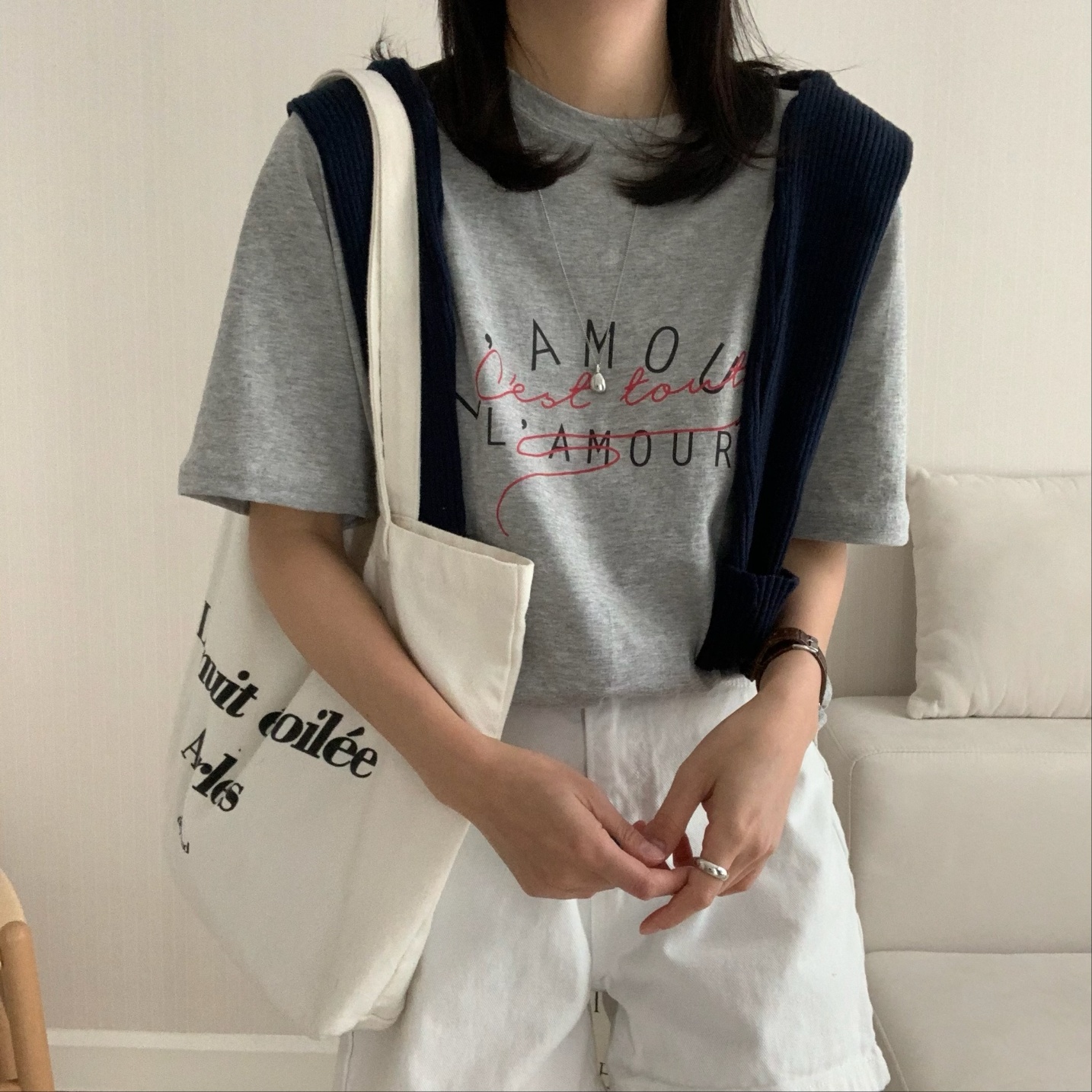 여성 라무르 프린팅 반팔티 세미 오버핏 기본 베이직 캐주얼 데일리룩 면 티셔츠 - 상세 이미지 3