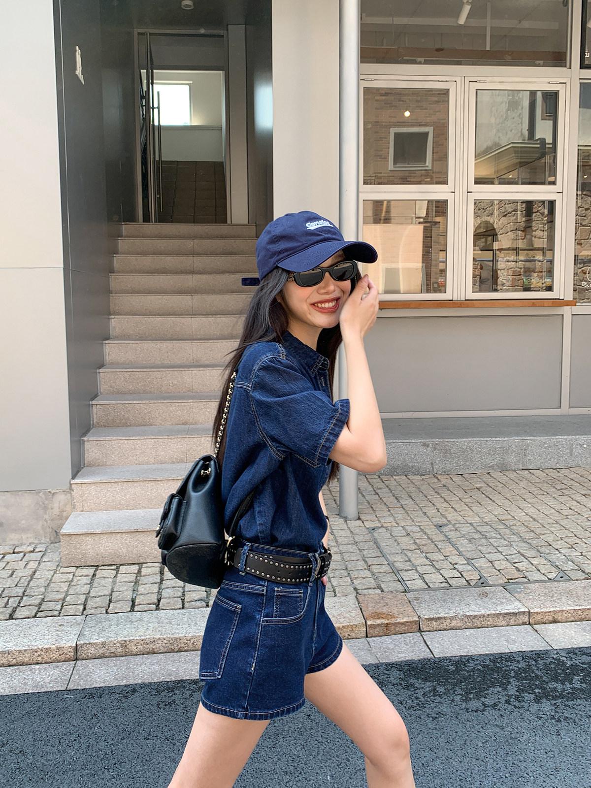 투피스세트 진청 스티치 데님 반팔 셔츠 투버튼 청 반바지 코디 세트 - 상세 이미지 3