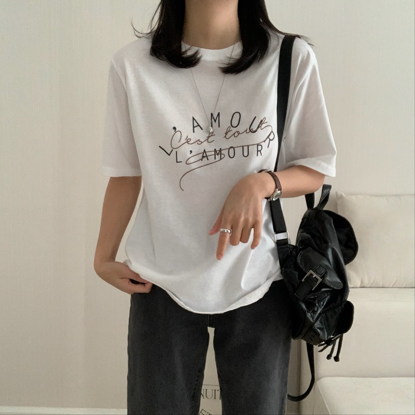 여성 라무르 프린팅 반팔티 세미 오버핏 기본 베이직 캐주얼 데일리룩 면 티셔츠 이미지 7