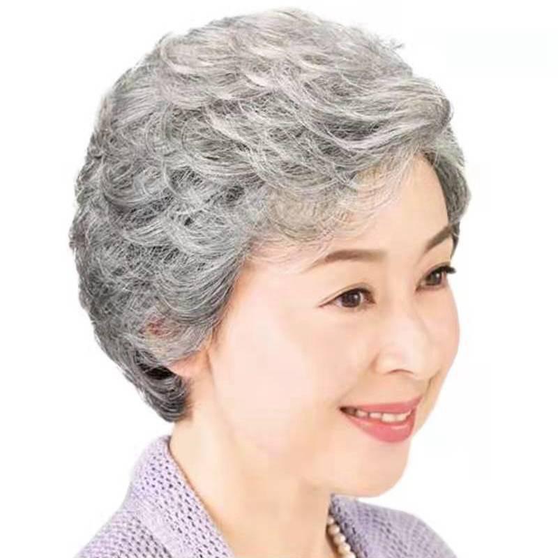 여자 중년 백발 회색 단발 곱슬머리 할머니 숏컷 가발 코스프레 공연 할매 통가발 볼륨 - 상품 이미지