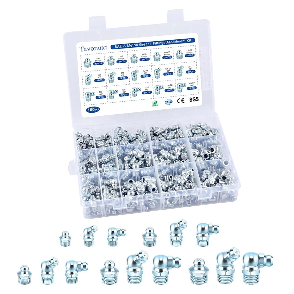 Tavonuxt 100 PCS SAE 및 미터법 그리스 피팅 키트 - 자동차 산업용 스트레이트, 45 , 90 도 헤드가 있는 유압 저크 어소시에이션 1/4 1/8 M6 M8 M1 - 상품 이미지