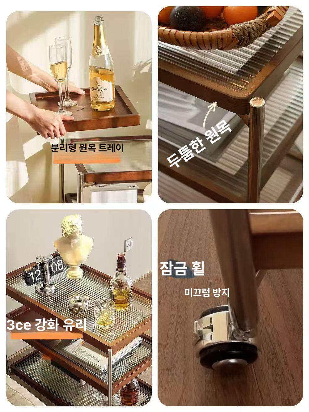 나무트롤리 엔틱 카페 이동식 선반 웨건 나무 트롤리 월넛 - 상세 이미지 4