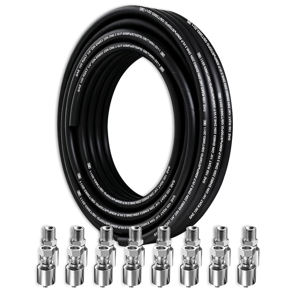 50피트 1/4인치 유압 호스(16Psc 피팅 포함), 5800Psi 코일 라인(고장력 강철 와이어 브레이드 2개 고무 플렉시블 오일 호스(-20 C ~ 140 C) - 상품 이미지